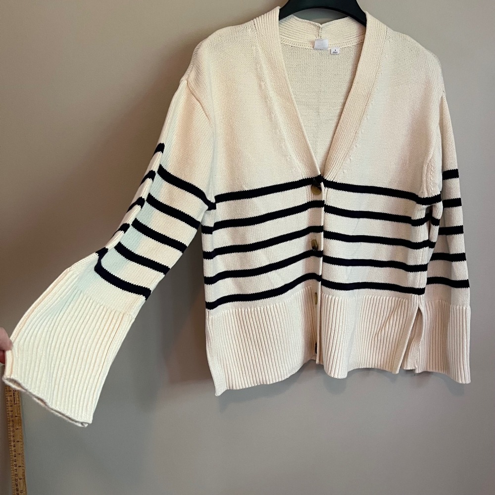 Gap Fisherman Cream Navy Striped Cotton Button Cardigan Sweater S Coastal Preppy - Picture 5 of 8